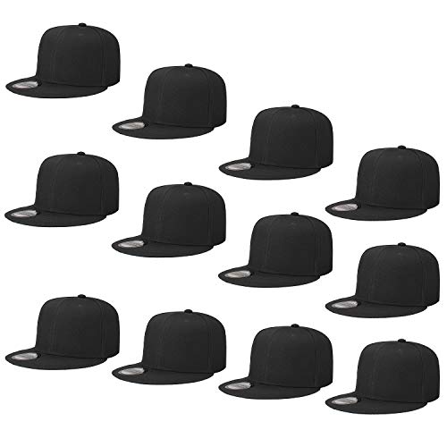 Falari Wholesale 12 Pack Snapback Hat Cap Hip Hop Style Flat Bill Blank Solid Color Adjustable Size G212-01-Black