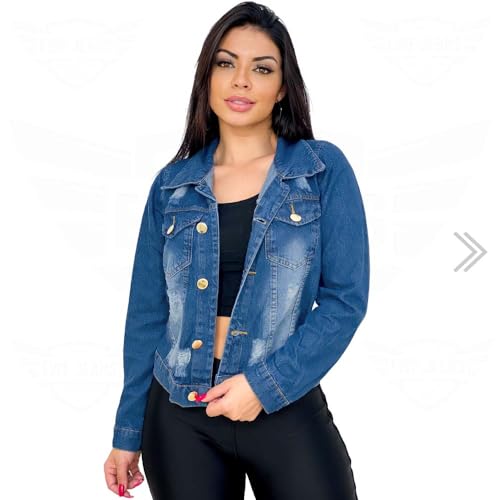 Jaqueta Jeans Feminina Destroyed - Azul Escuro (BR, Alfa, P, Regular, Regular)