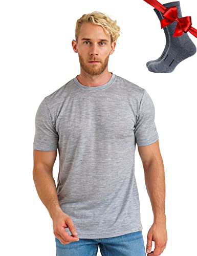 Premium Merino Shirt Herren Kurzarm - Atmungsaktiv Geruchshemmend Thermooberteile zum Wandern + Wanderwollsocken (X-Large Melange Grey)
