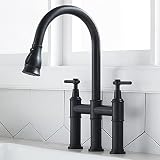 SHACO Black Bridge Kitchen Faucet, 3 Hole Farmhouse Kitchen Faucet with Pull Down Sprayer, Two Handl
