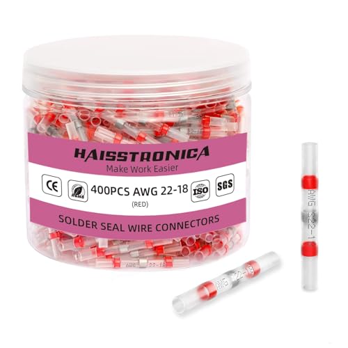 haisstronica 400PCS Solder Seal Wire Connectors,Waterproof Heat Shrink Butt Connectors Terminals for Watercraft,Electrical,Electronics AWG 22-18 Red
