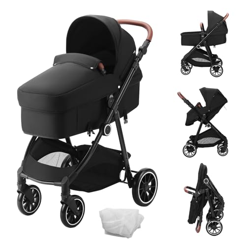 Image of VEVOR Standard Baby Stroller, Infant Toddler Stroller with Bassinet, 3rd-Gear Adjustable Backrest & Foldable & Reversible Seat, Carbon Steel Newborn Stroller with Leg Cover and Mesh Net, Black