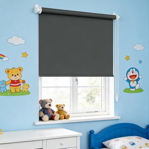 Estor Opaco sin Perforación 58 x 115 cm Estores Enrollables Blackout Termicos, con Cadena, Protección Privacidad Estores Térmicos Blackout para Puertas y Ventanas, Gris Oscuro