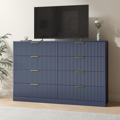 Image of Blue Fluted Dresser Bedroom with 8 Drawer,55 inch Wide White Double Drawer Dresser Modern Chest of Drawers with Gold Handles,Wood TV Stand for Bedroom,Living Room (Blue, 8 Drawer Dresser)