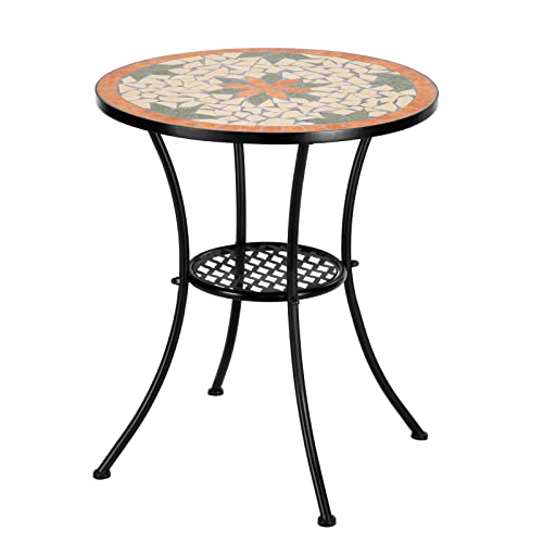 VINGLI Garden Patio Mosaic Table, Outdoor Bistro, Black Iron Frame,