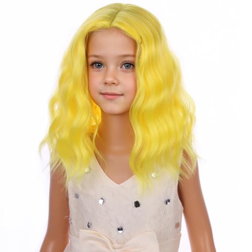 Image of PATTNIUM Kids Yellow Wig Short Curly Wavy Light Yellow Bob Wigs for Girls Cosplay Party Heat Resistant Synthetic Hair Wigs