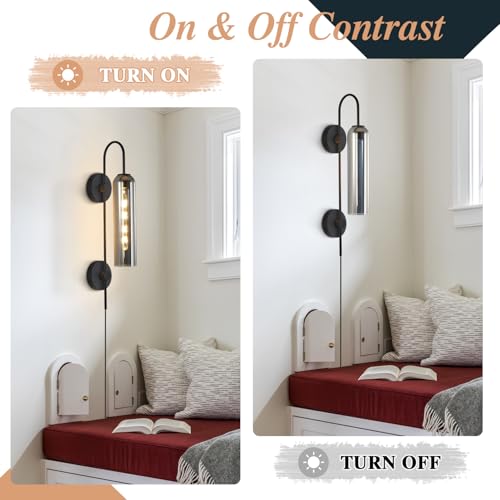 Image of BOKT Mid Century Plug in Wall Sconce Black Bathroom Wall Mounted Light with Smoke Glass Minimalist Long Wall Decor Lamp Plug in Cord Modern Bathroom Vanity Sconces Indoor Bedside Wall Lamp