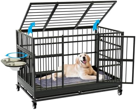 48 Inch Heavy Duty Dog Crate with Wheels and Unique Air Lift Rod, Folding Metal Big Dog Cage for Large Dogs, Extra Large XL XXL Indestructible Dog Crate with Removable Tray.