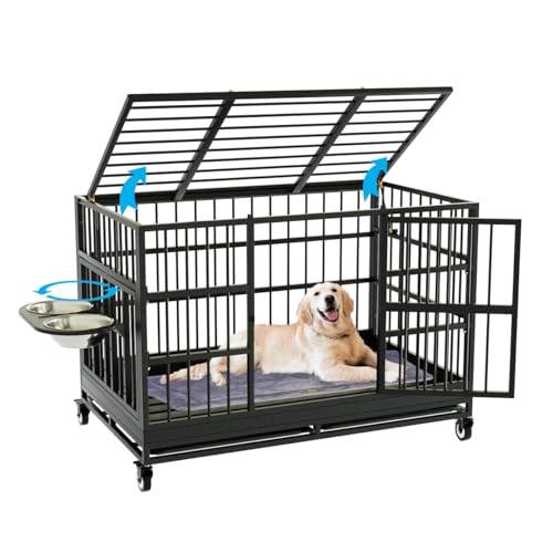 Snuowu 48 Inch Heavy Duty Dog Crate with Wheels and Unique Air Lift Rod, Folding Metal Big Dog Cage...