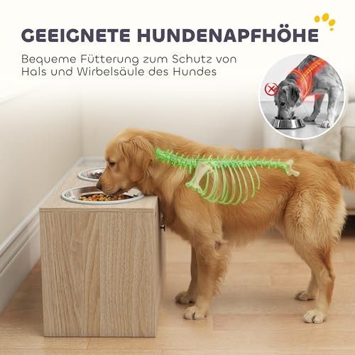 PawHut Hundenapf erhöht Futternapf mit Aufbewahrungsschrank, 2x2L Schüsseln mit Anti-Rutsch-Ringe, rutschfest Futterstation mit Langsamfutternapf für große Hunde Eiche