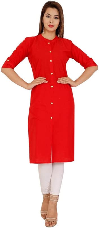 Image of Women's Cotton Mandarian Collar Neck Casual Regular Fit Side Slit Kurti