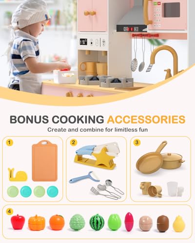 Babytronic Wooden Play Kitchen Set, Pretend Play Kitchen with Lights and Sounds for Kids Ages 3+, Includes Stove, Oven, Microwave, Coffee Maker, and Accessories, Toy Kitchen Set for Toddlers (Pink)