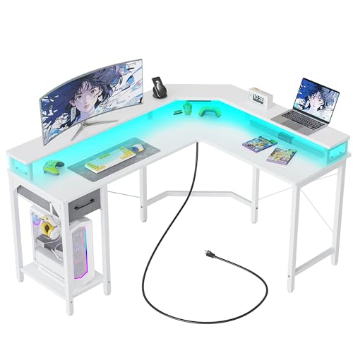 Image of CubiCubi 59 Inch L Shaped Desk with USB Charging Ports and LED Lights, Corner Computer Desk with Drawer and Storage Shelf, Home Office Desks with Monitor Stand and Power Outlets, White