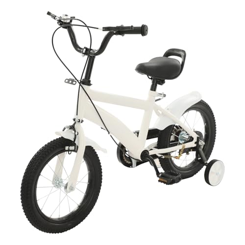 Jerool Kinderfiets, 14 inch, met steunwielen en dubbel remsysteem, verstelbaar zadel, geschikt voor kinderen vanaf 3 jaar, die leren fietsen, buiten fietsen, wit