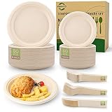FEHHTO Compostable Paper Plates Set 250PCS Heavy-Duty Disposable Plate and Utensil Biodegradable Din