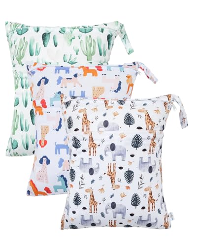 Image of babygoal Wet and Dry Pockets for Baby Nappies, Washable Travel Bags, Beach, Pool, Gym Bag for Swimsuits and Wet Clothes, with Two Zip Pockets, Neutral Color 39, 30cm x 36cm, Wet and Dry Bag