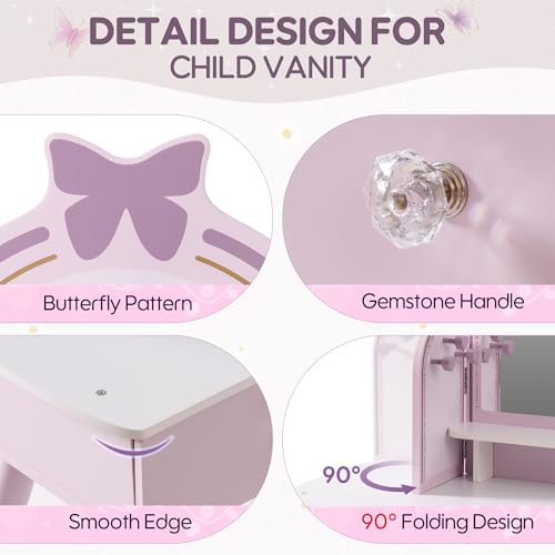Image of ROBOTIME Purple Kids Vanity Set, Makeup Vanity Desk with Mirror, Chair and Storage Drawers, Little Girl Dressing Table with Stool for Toddlers Ages 3+