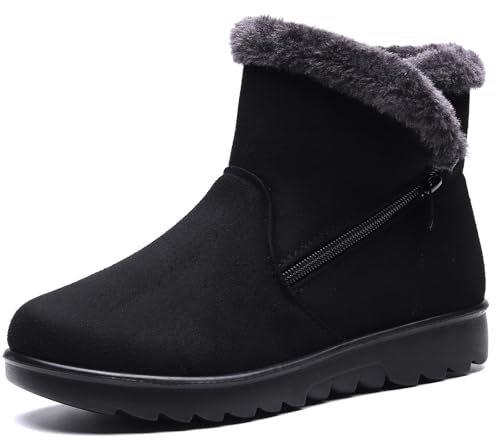 Vunavueya Chaussures Bottes D'Hiver en Cuir Femmes Courte Bottines Mode de Neige avec Doublure Chaud Fourrure Noir 40.5 EU/260CN
