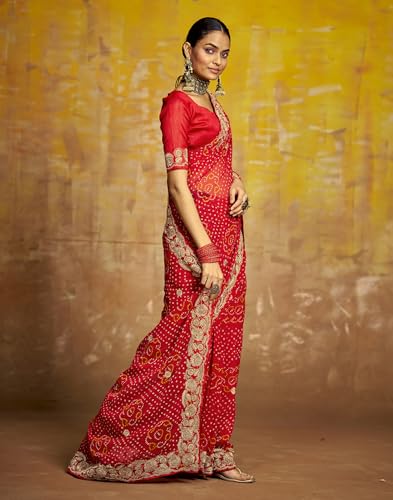Image of SIRIL Women's Bandhani Printed Georgette Sequence Lace Scalloped Border Saree with Unstitched Blouse Piece