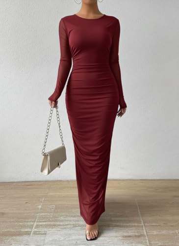 Image of LIGHT DOT Women's Printed Bodycon Maxi Dress Long Sleeve Tie Dye Mesh Ruched Cocktail Dress