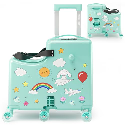 Valise verte rigide à 6 roues avec poignées avant et porte-gobelet pour enfant