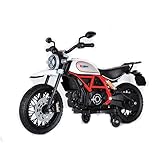 peg perego ducati hypercross Batteria 12V 4.5Ah, motore 390, luci anteriori e posteriori, musica, accensione con pulsante-bottone, avanti e indietro, due ruore più stabilizzatori, due velocità.