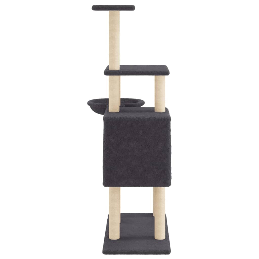 Rascador para gatos con columnas rascadoras de sisal, gris oscuro, de felpa, 131 cm, grande, estable, con cueva, superficies de descanso y muebles rascadores para casa y esquina