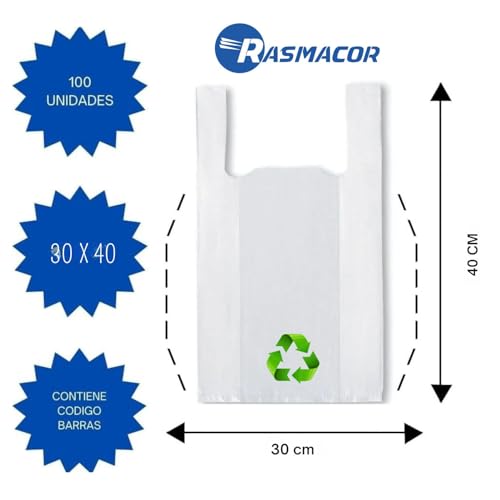 RASMACOR | Pack 100 Bolsas de Plástico Tipo Camiseta 70% Reciclado | Tamaño M 30x40 cm | Aptas Uso Alimentario, Resistentes, Reutilizables | Galga 200 | 50 Micras | Cumple todas las normativas