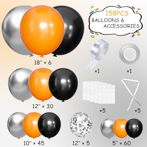 Image of MEBAY Orange Black and Metallic Silver Balloons Garland Arch Kit, 146 Pcs Latex Balloons with Confetti for Birthday Party Graduation Father's Day Anniversary Bachelorette Party Decoration