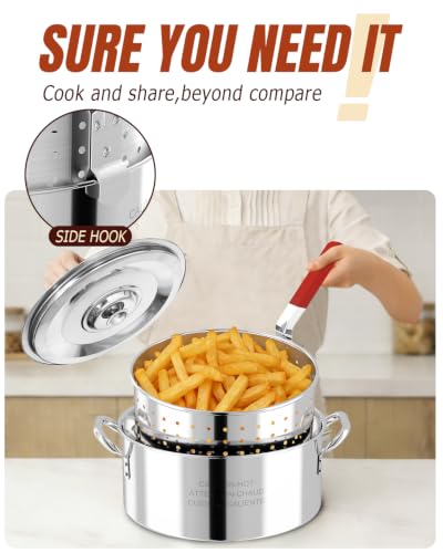 Image of 10QT Fish Fryer Pot with Basket, Lid & Tongs, Stainless Steel Frying Pot | Deep Fryer Pot with Thermometer, For Fish, Chicken Wings & French Fries, Open Flame Only