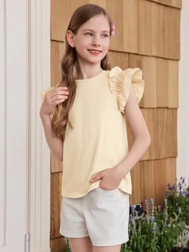 Image of Haloumoning Girls T Shirts Double Layer Ruffle Short Sleeve Kids Summer Crewneck Tunic Tee Tops 5-14 Years