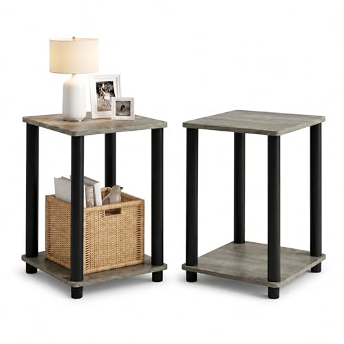 Image of Furinno Turn-N-Tube Toolless Assembly Side Table Set of 2, Stackable 2-Tier Grey End Table with Open Shelf, Night Stand, Bedside Table, for Living Room, Bedroom, Grey Oak