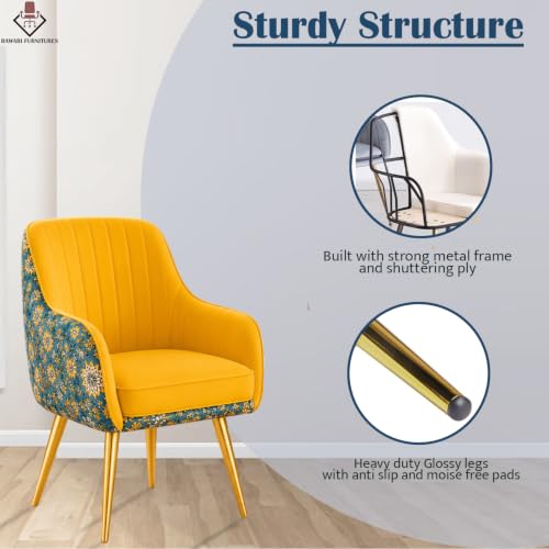Image of Set of 2 Accent Chair for Living Room | Modern Armchair in Soft Velvet Fabric with Sturdy Legs | Premium Chair for Home Living Room Bedroom Restaurent | (Gold Legs, Yellow Floral)