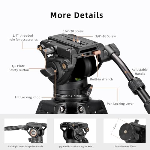Cayer BV25LH Video Tripod System, 74 inch Carbon Fiber Professional Heavy Duty Camera Tripod Kit, Twin Tube Tripod Leg with Fluid Drag Head, 2 Pan Bar Handles, Max Loading 17.6LB - Thumbnail 3