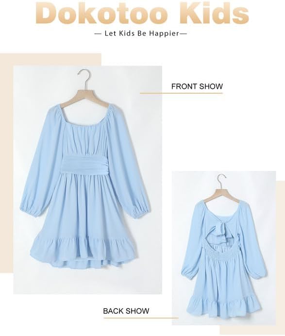 DOKOTOO KIDS Girls Tie Back Off Shoulder Dress Ruffle Long Sleeve Fall Spring Dresses 4-15 Years