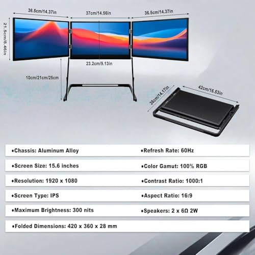 Image of 15.6 inch Laptop Screen Extender, Tri-Screen Monitor for Laptop, 1080P FHD IPS Display, 100% sRGB, HDMIs /USB-C Pulg n Play, Compatible with Mac /Windows /Linux