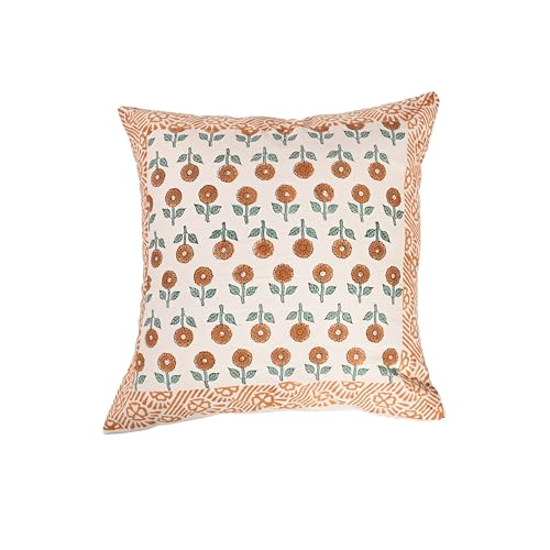 Image of Cotton Cushion Covers 16x16 Inch - Hand Block Floral Print Pillow Covers for Sofa, Couch & Bedroom Pack of 5, Yellow