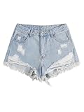 SOLY HUX Women's Ripped Raw Hem Jean Shorts High Waisted Straight Leg Denim Shorts Streetwear Solid Light Blue Medium