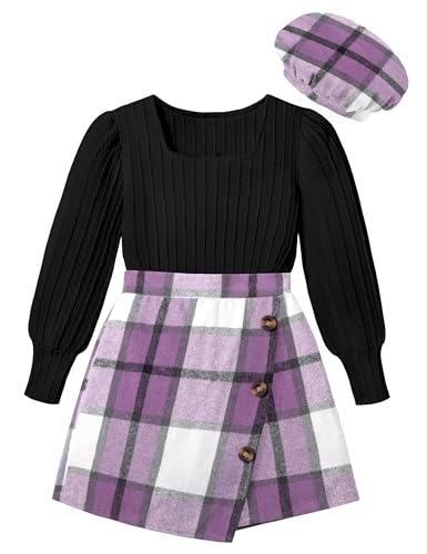 Image of AGAPENG Girl Skirt Sets 3 Piece Outfits Square Neck Jacquard Puff Sleeve Tops Plaid Mini Skirt Shorts Fall Winter Clothes