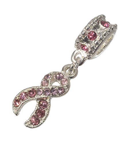 Pendant Unisex Antique Silver Colored Breast Cancer Awareness Ribbon With Pink Rhinestones Dangle Charm #TOP2