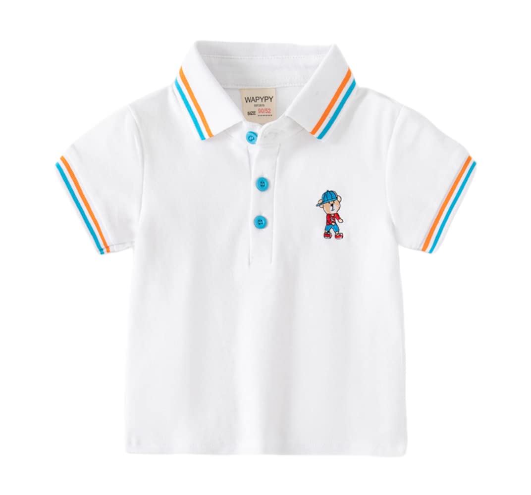 Toddler Baby Boys Embroidered Button Lapel Short Sleeve Cartoon Printed Polo T-Shirt Casual Classic Summer Blouse Top (White,90/18-24 M,Unisex,Big Kid,US,Age,18 Months,24 Months)