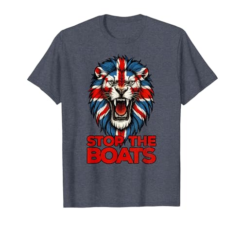 Image of Stop The Boats Great Britain Flag. Lion T-Shirt, Men, Heather Blue, Large