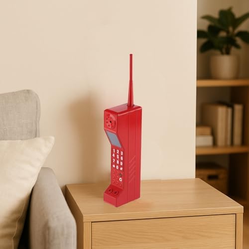 Retro 90s Style Decorative Brick Phone Prop with Pager, Vintage Red Cellphone Replica for Home Living Room Display