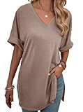Remidoo Women's Side Slit Tunic Tops Rolled Short Sleeve V Neck Tee Loose Fit Long T Shirt Brown Large