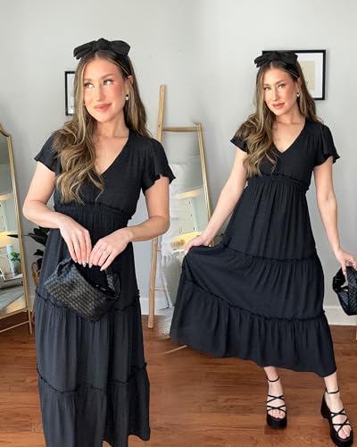 Image of VOTEPRETTY Women's 2026 Summer Boho Maxi Dresses Flutter Short Sleeve V Neck Casual Beach Wedding Guest Vacation Long Dress