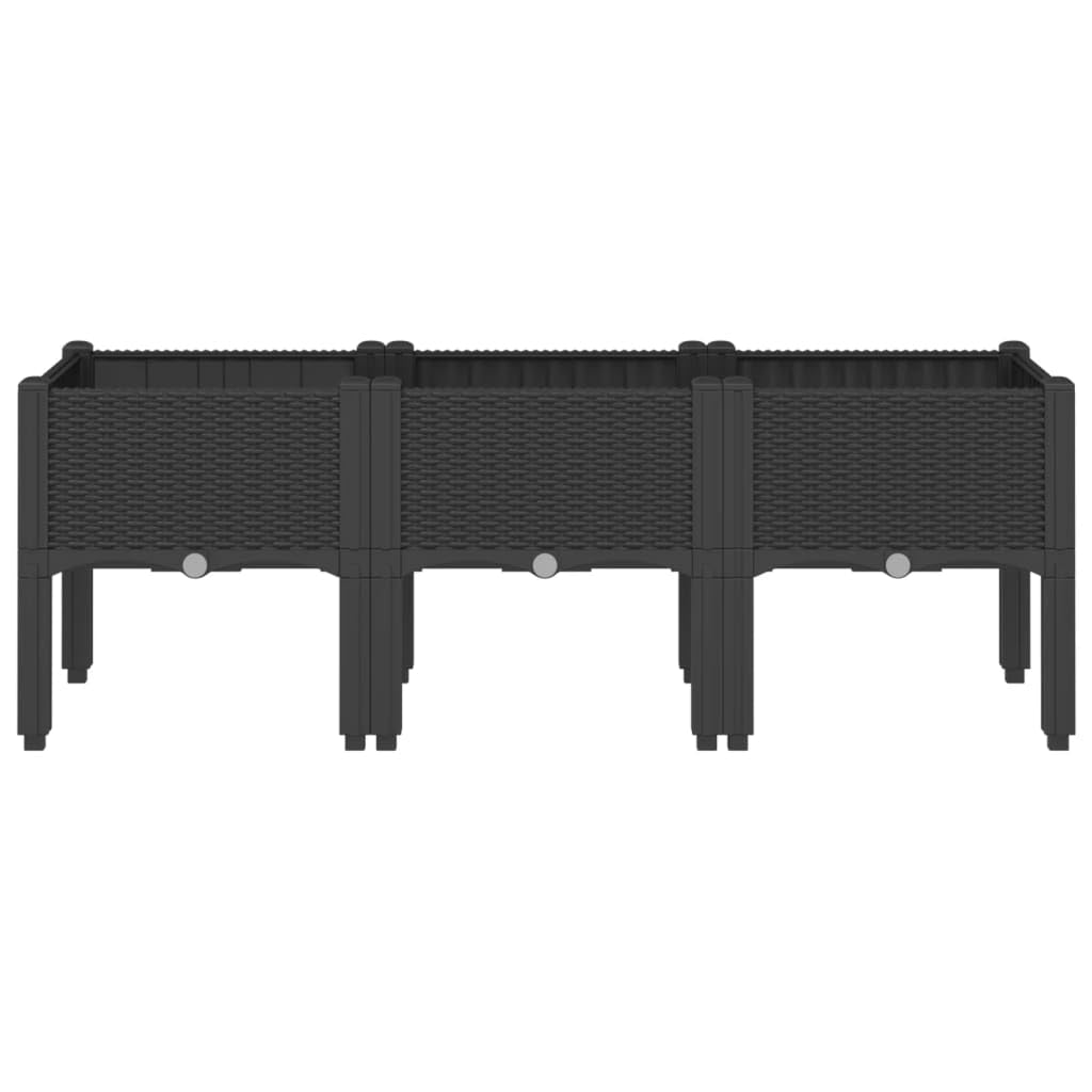 Donica ogrodowa z nóżkami czarna 120x40x42 cm PP podwyższona donica na warzywa kwiaty i rośliny pnące na taras balkon patio rattanowy design pojemnik z odpływem wody