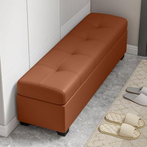 SnamicE Banco otomano con almacenaje, Banco de Entrada de Cuero Impermeable con Asiento Acolchado, Banco tapizado para cabecera de Cama con Patas de Madera, para Dorm,Brown-80x40x40cm