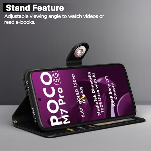 Image of Pikkme Flip Cover Leather Finish | Inside TPU with Card Pockets | Wallet Stand and Shock Proof | Complete Protection Button Flip Case for Poco M7 Pro 5G(Black)