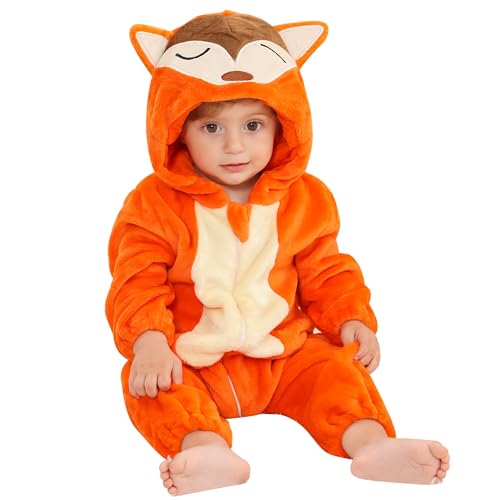 Image of MICHLEY Unisex Baby Animal Costume Winter Autumn Flannel Hooded Romper Cosplay Jumpsuit