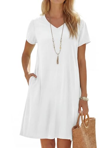 Enmain Robe Lin Femme été Blanc Manches Courtes col V Robe Femme Lin Ample et Decontractée Chic et Élégante Longueur Genou légère avec Poches sans Accessoires XL